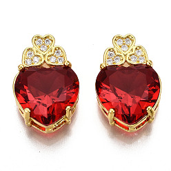 Red K9 Glass Pendants, with Brass Rhinestone Findings, Faceted, Heart, Matte Gold Color, Red, 18.5x12.5x6.5mm, Hole: 2x2mm