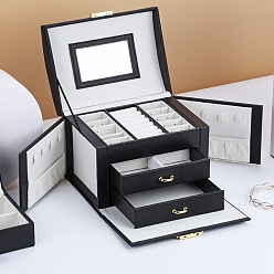 Black PU Imitation Leather Box, Jewelry Organizer, for Necklaces, Rings, Earrings and Pendants, Rectangle, Black, 17.5x13.5x12cm