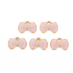 Pink Подвески из эмали и сплава, без кадмия и без свинца, золотой свет, бантом, розовые, 8.5x12x2 мм, отверстие : 1.5 мм