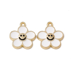White Alloy Enamel Pendants, Golden, Flower with Smiling Face Charm, White, 15x14x2mm, Hole: 1.4mm
