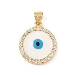 Настоящее золото 18K Латунные микро проложить кубического циркония подвески, с эмалью, плоские круглые обереги от сглаза, стойки покрытие, долговечный, без кадмия и без свинца, реальный 18 k позолоченный, 19x16x2.5 мм, отверстие : 4x3.5 мм