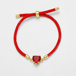 Красный Регулируемые браслеты из хлопкового шнура с ползунком, Браслеты из латуни в форме сердца, инкрустированные кубическим цирконием, для женщин., золотые, красные, 7.87 дюйм (20 см)