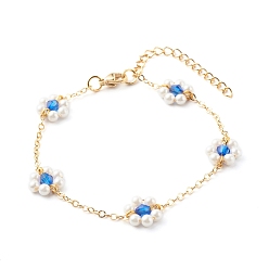 Blue Shell Pearl & Acrylic Beads Flower Link Bracelets, with Brass Cable Chains, Golden, Blue, 2mm, 7-1/4 inch(18.4cm)