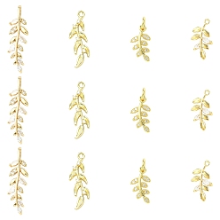 Золотой 12шт. 4 стили латунные подвески с кубическим цирконием, лист прелести, золотые, 14~28.5x8~9x2~4.5 мм, отверстие : 0.7~4 мм, 3 шт / стиль