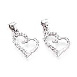 Платина 925 подвески из стерлингового серебра с прозрачным микропаве и цирконием, подвески в форме сердца с печатью 925, родий, платина, 17x12x2 мм, отверстие : 3.5x5.5 мм