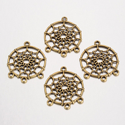 Antique Bronze Tibetan Style Alloy Chandelier Components Links, Lead Free & Cadmium Free & Nickel Free, Flat Round with Web, Antique Bronze, 34x28x2mm, Hole: 3mm