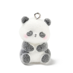 White Flocky Opaque Resin Pendants, with Platinum Iron Loops, Panda Charms, White, 29x19x16mm, Hole: 3mm