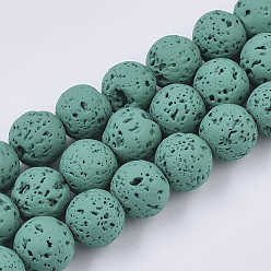Dark Cyan Spray Painted Natural Lava Rock Beads Strands, Round, Dark Cyan, 6~7mm, Hole: 0.7mm, about 59~62pcs/Strand, 15.75 inch(40cm)