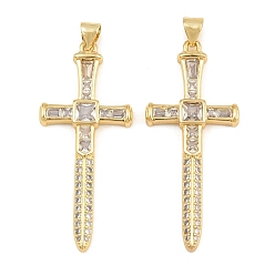 Golden Brass Micro Pave Clear Cubic Zirconia Pendants, Sword Shaped Cross Charms, Cadmium Free & Lead Free, Golden, 44x19x4mm, Hole: 5x3mm