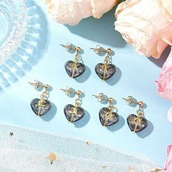 Серый 3пара латунных стеклянных сережек-гвоздиков, сердце с рисунком звезды, солнца и луны, золотые, серые, 25x15 мм