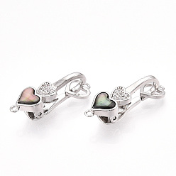 Платина Латунное микропейв, прозрачный кубический цирконий, складные застежки, без кадмия, без никеля и без свинца, Черная губа-ракушка сердце, платина, 30 мм