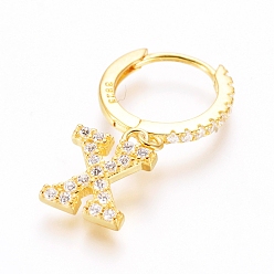 Letter X 925 Sterling Silver Hoop Earrings, Dangle Earrings, with Cubic Zirconia, with S925 Stamp, Letter, Clear, Golden, Letter.X, 20mm, Pendants: about 9x7x1.5mm, Pin: 0.6mm