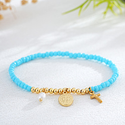 Темно-Голубой Регулируемые 304 из нержавеющей стали браслеты шарма, Браслеты из стеклянного бисера и латуни на эластичной основе для женщин, Крест и плоский круглый, с имитацией жемчуга, глубокое синее небо, 6.89 дюйм (17.5 см)