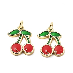 Вишня Латунь эмаль прелести, с прыжковых колец, стойки покрытие, реальный 18 k позолоченный, без свинца и без кадмия, долговечный, фруктовые прелести, вишня, 13x10.5x2 мм, отверстие : 2.2 мм