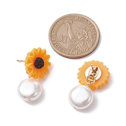 Orange Natural Pearl & Resin Sunflower Stud Earrings, with 304 Stainless Steel Pins, Orange, 29x16.5mm