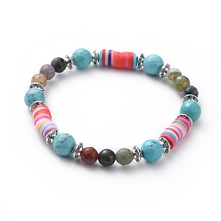Indian Agate Stretch Bracelets, with Natural Indian Agate & Synthetic Turquoise Beads, Polymer Clay Heishi Beads and Alloy Spacer Beads, 2-1/8 inch(5.4cm)