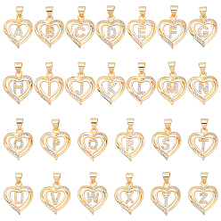 Letter A~Z 26шт 26 подвески из кубического циркония с покрытием из латуни с микропаве, долговечный, без свинца и без кадмия, реальный 18 k позолоченный, сердце с подвесками в виде букв, Письмо ~ Z, 17.5x15x2.5 мм, отверстие : 5x3 мм, 1ПК/стиль