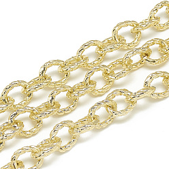 Light Gold Aluminum Cable Chains, Textured, Unwelded, Oval, Light Gold, 12x10x2.5mm