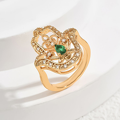 Зеленый Кольца для женщин с микропаве из латуни и кубическими цирконами, хамса рука, золотые, зелёные, 21x19 мм, размер США 6 (16.5 мм)