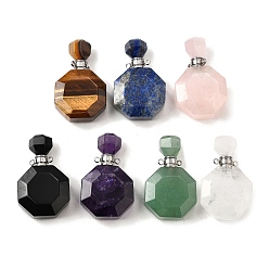 Смешанные камни Подвески для флаконов духов из натуральных смешанных камней, с 304 фурнитурой из нержавеющей стали, граненые, восьмиугольные прелести, цвет нержавеющей стали, 39~40x24~25x11~12 мм, отверстие : 1.8 мм