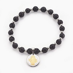 Лавовый камень 304 из нержавеющей стали Браслеты шармов, с натуральной лавой и бусинами из нержавеющей стали, плоский круглый со святым, 58 мм