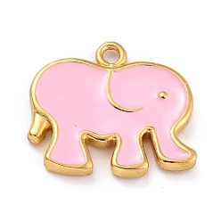 Pink Golden Brass Enamel Pendants, Long-Lasting Plated, Elephant, Pink, 16x17.5x2mm, Hole: 1.6mm