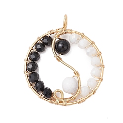 Light Gold Подвески из натурального обсидиана, хаулита и стекла, амулеты инь-ян из медной проволоки, золотой свет, 35.5x31x6 мм, отверстие : 3 мм