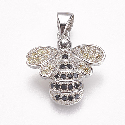 Платина Латунные микро проложить кубического циркония подвески, Пчелы, платина, 16.5x16x4 мм, отверстие : 3x4 мм