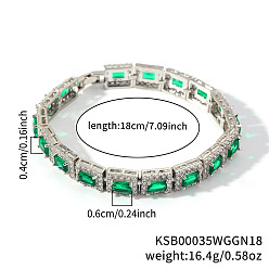 Зеленый Элегантные латунные прямоугольные звенья цепи браслеты для женщин кубический цирконий, со стразами, зелёные, 7-1/8 дюйм (18 см), ссылка: 60x40 mm