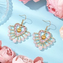 Розовый Кварц Стекло бисер мотаться серьги, с 304 крючками для сережек из нержавеющей стали и натуральным розовым кварцем, сердце, золотые, 48.5x35.5 мм