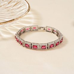 Красный Элегантные латунные прямоугольные звенья цепи браслеты для женщин кубический цирконий, со стразами, красные, 7-1/8 дюйм (18 см), ссылка: 60x40 mm