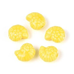 Желтый Ручной фарфоровые керамические шарики, яркие глазированный фарфор, формы раковины, желтые, 14x12x7.5~8 мм, отверстие : 2~2.5 мм
