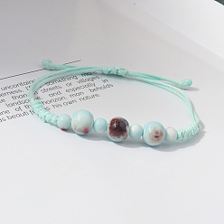 Cyan Adjustable Handmade Porcelain Round Polyester Cord Braided Bead Bracelets for Women, Cyan, 2.36~9.84 inch(6~25cm)