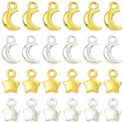Mixed Color 120Pcs 4 Styles Alloy Pendants, Moon & Star Charms, Mixed Color, 8.5~10x6x2.5mm, Hole: 1.4~1.6mm, 30pcs/style