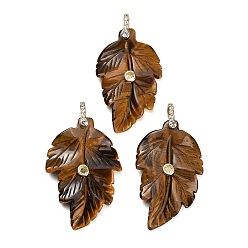 Tiger Eye Natural Tiger Eye Pendants, Leaf Charms, with Brass Pave Cubic Zirconia Findings, Golden, 39~40x24.5~26x5.5~7mm, Hole: 5.5x7mm