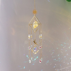 Цитрин Проволочные самородки натуральный цитрин подвесные украшения, металлические ромбы и стеклянные ловцы солнца для украшения окон и балконов дома, 490~510 мм