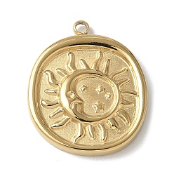 Настоящее золото 14K 304 подвески из нержавеющей стали, ионное покрытие (ip), плоский круглый с подвесками в виде солнца, реальный 14 k позолоченный, 20.5x17x2.5 мм, отверстие : 1.5 мм