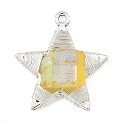 Yellow Electroplated Natural Quartz Faceted Copper Wire Wrapped Pendants, Alloy Star Charms, Antique Silver & Silver, Yellow, 29x27x11.5mm, Hole: 2mm