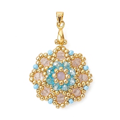 Небесно-голубой Стеклянные подвески, , с латунными зажимами для ледоруба и бисером., золотые, граненые, голубой, 39 мм