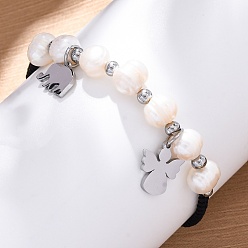 Морская Ракушка Регулируемые плетеные браслеты из нейлона, браслеты из натурального жемчуга для женщин, слон и ангел, с 304 прелестей из нержавеющей стали, цвет морской раковины, внутренний диаметр: 1-1/2~3-3/8 дюйм (3.9~8.7 см)