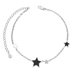 Black 925 Sterling Silver Link Anklets, with Grade AAA Cubic Zirconia and Epoxy Resin, Star, Black, 8-1/4 inch(21cm)