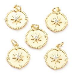 Настоящее золото 18K Латунные микропаве прозрачные подвески с фианитом, долговечный, плоские круглые с солнцем, реальный 18 k позолоченный, 17x15x2 мм, отверстие : 3.5 мм