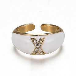 Letter X Brass Micro Pave Clear Cubic Zirconia Cuff Rings, Open Rings, with Enamel, Cadmium Free & Lead Free, Golden, Letter.X, US Size 7 1/4, Inner Diameter: 17.6mm