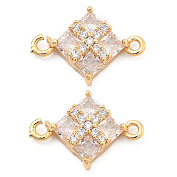 Настоящее золото 18K Латунные прозрачные подвески из кубического циркония, ромбовидные звенья, реальный 18 k позолоченный, 11x16x3 мм, отверстие : 1.2 мм