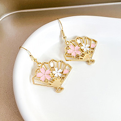 Золотой Болтаться серьги сплава эмали, веер с цветочным узором, золотые, 39x30 мм