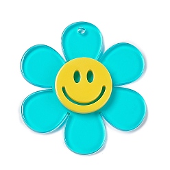 Dark Turquoise Transparent Acrylic Big Pendants, Sunflower with Smiling Face Charm, Dark Turquoise, 55x50.5x6mm, Hole: 2.5mm