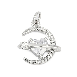 Платина Латунные микро проложить кубического циркония подвески, Луна прелести, долговечный, стойки покрытие, без свинца и без кадмия, с целью перехода в кольце, платина, 15x15x7.5 мм, отверстие : 3.5 мм