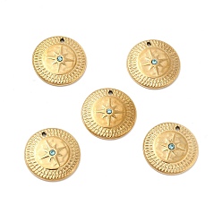Aquamarine Vacuum Plating 201 Stainless Steel with Rhinestone Charms, Real 18K Gold Plated, Flat Round with Star Pattern, Aquamarine, 14x2mm, Hole: 0.8mm