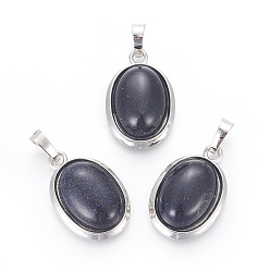 Синий Драгоценный Камень Синтетический синий авантюрин подвески, с латунной фурнитурой , овальные, платина, 25~26x17~17.5x8~9 мм, отверстие : 8x5 мм