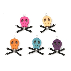 Mixed Color Dyed Synthetic Turquoise Pendants, Halloween Skull Charms with Seed Beads, Silver Color Plated, Mixed Color, 26x24x4mm, Hole: 1.5mm and 2mm